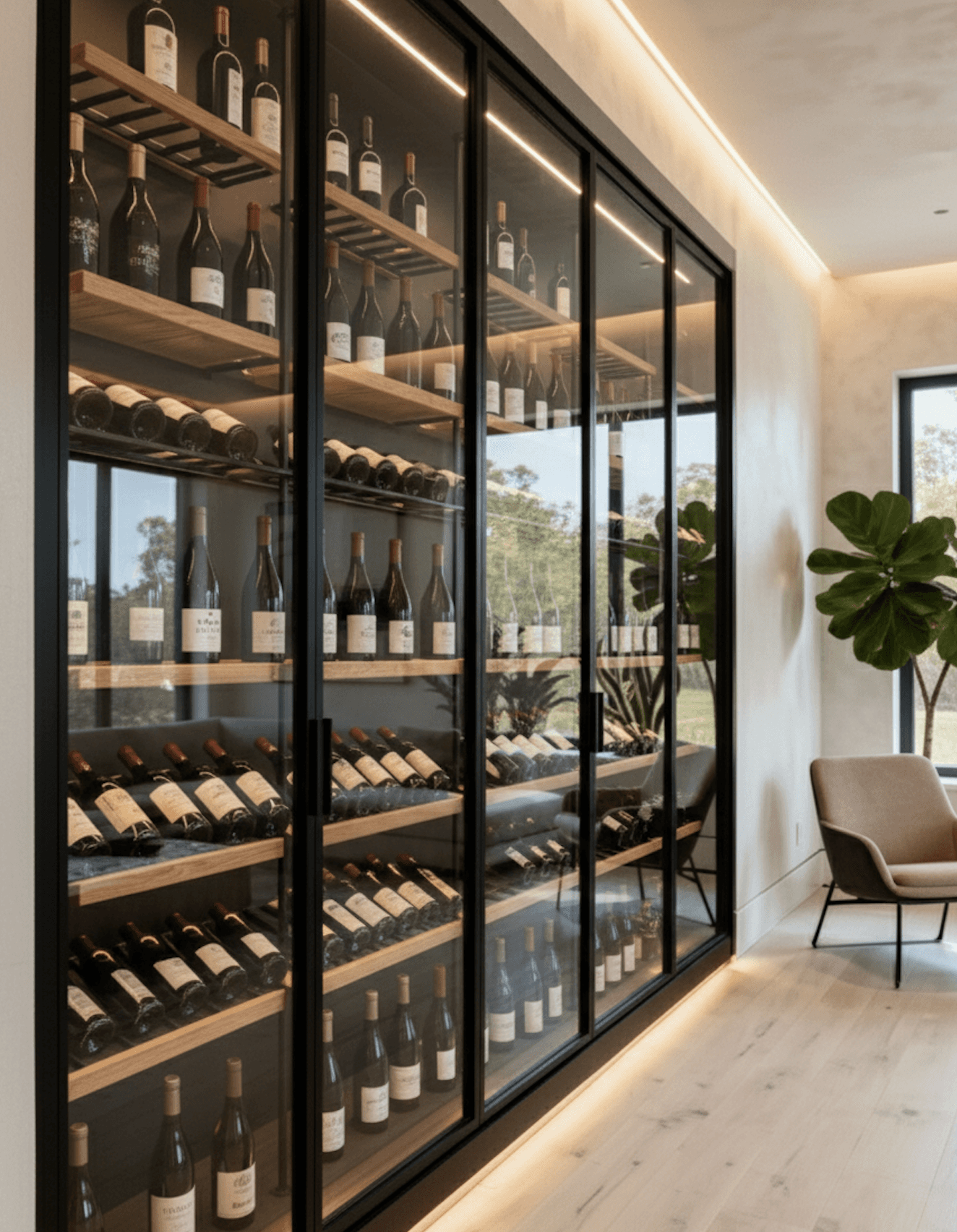 living room with a wine wall containing wood and metal wine racks with steel framed insulated glass doors in matt black