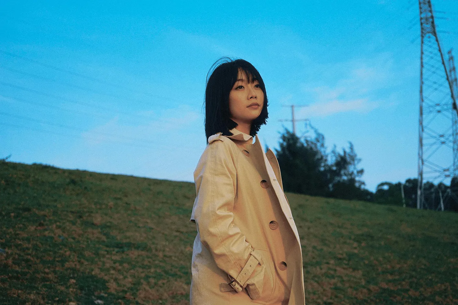 A woman in a trench coat on a grassy hill at twilight
