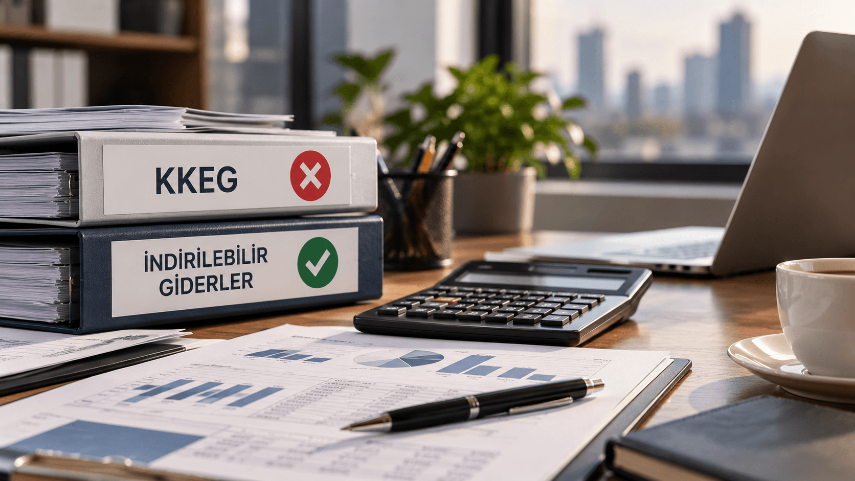 Kanunen kabul edilmeyen giderleri (KKEG) ve indirilebilir işletme giderlerini ayırmayı temsil eden, mali belgeler ve hesap makinesinin bulunduğu profesyonel muhasebe görseli.