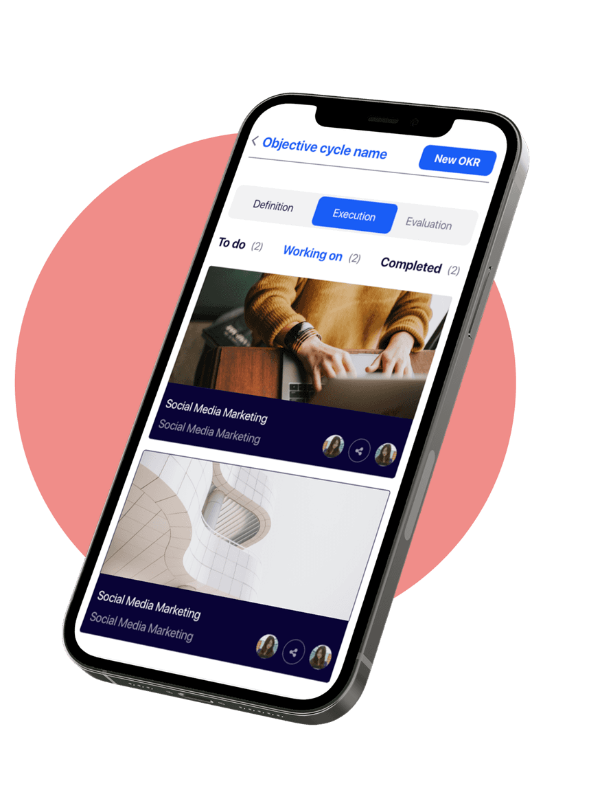 PatPat360 mobile app interface showing OKR management with progress tabs and project cards.