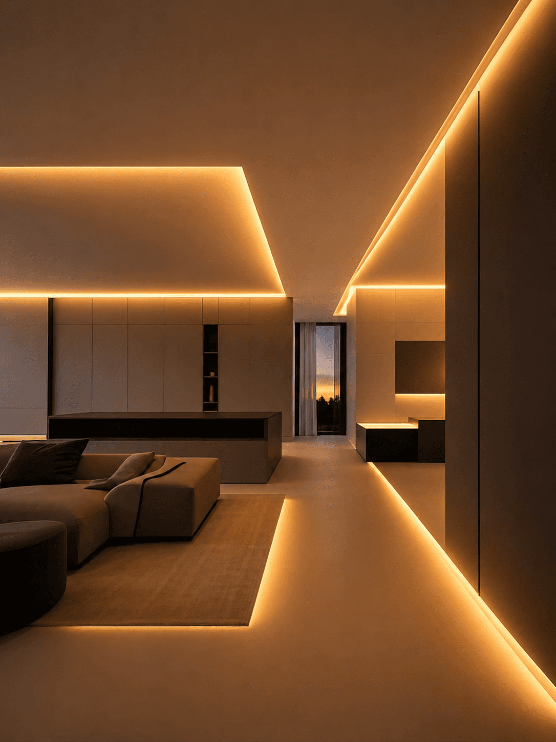 a living room with a couch, chair and table