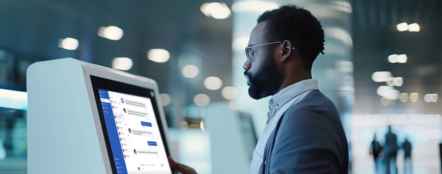 A customer service representative interacts with an AI-driven chatbot on a banking kiosk.