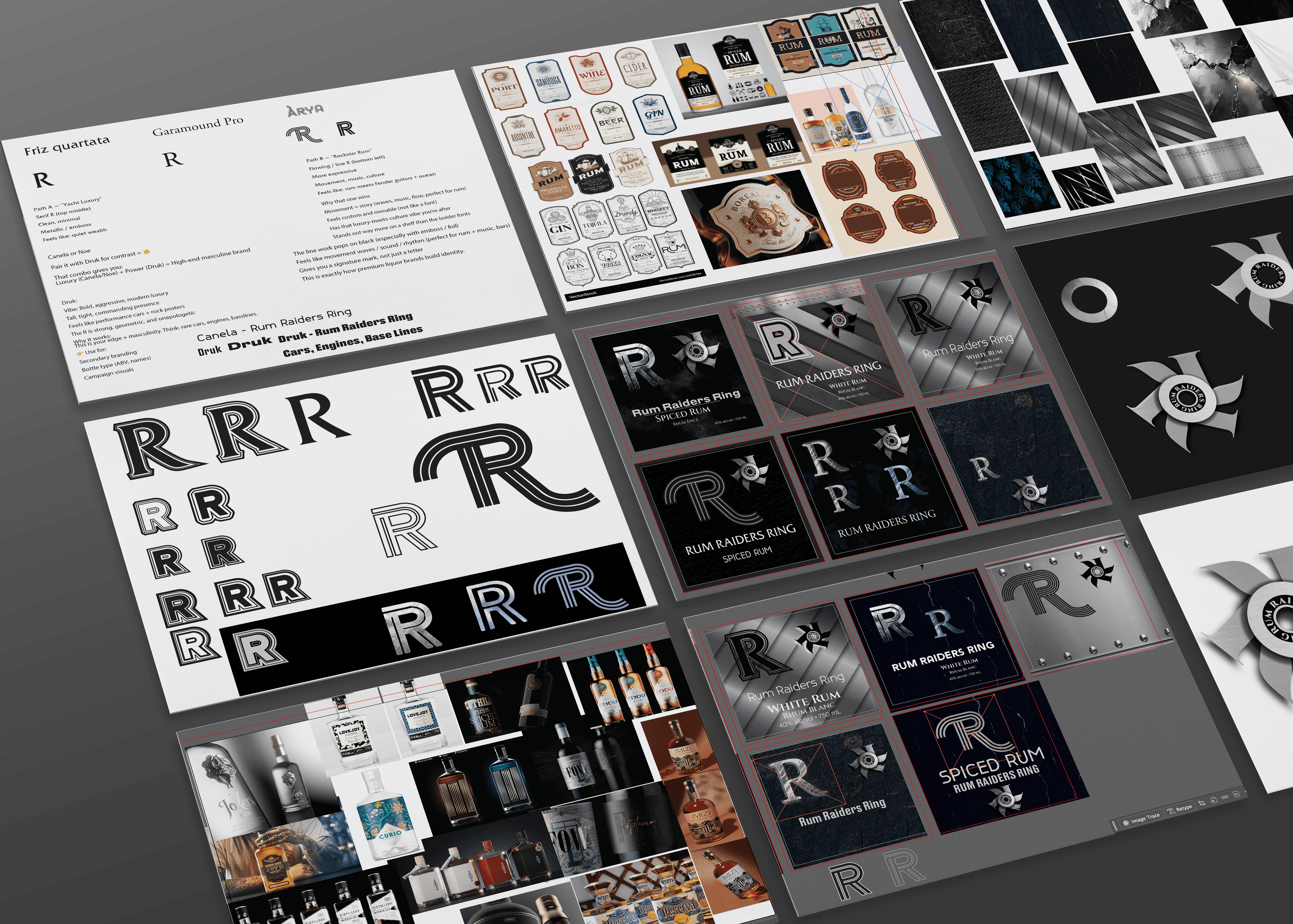 Coffee and doughnut shop brand identity booklet featuring moodboard, logo designs, color palette, packaging concepts, and creative process pages.
