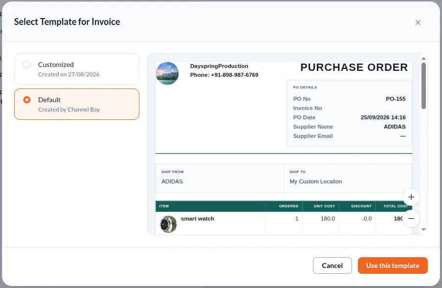 Pickcustom or default template in Channel bay