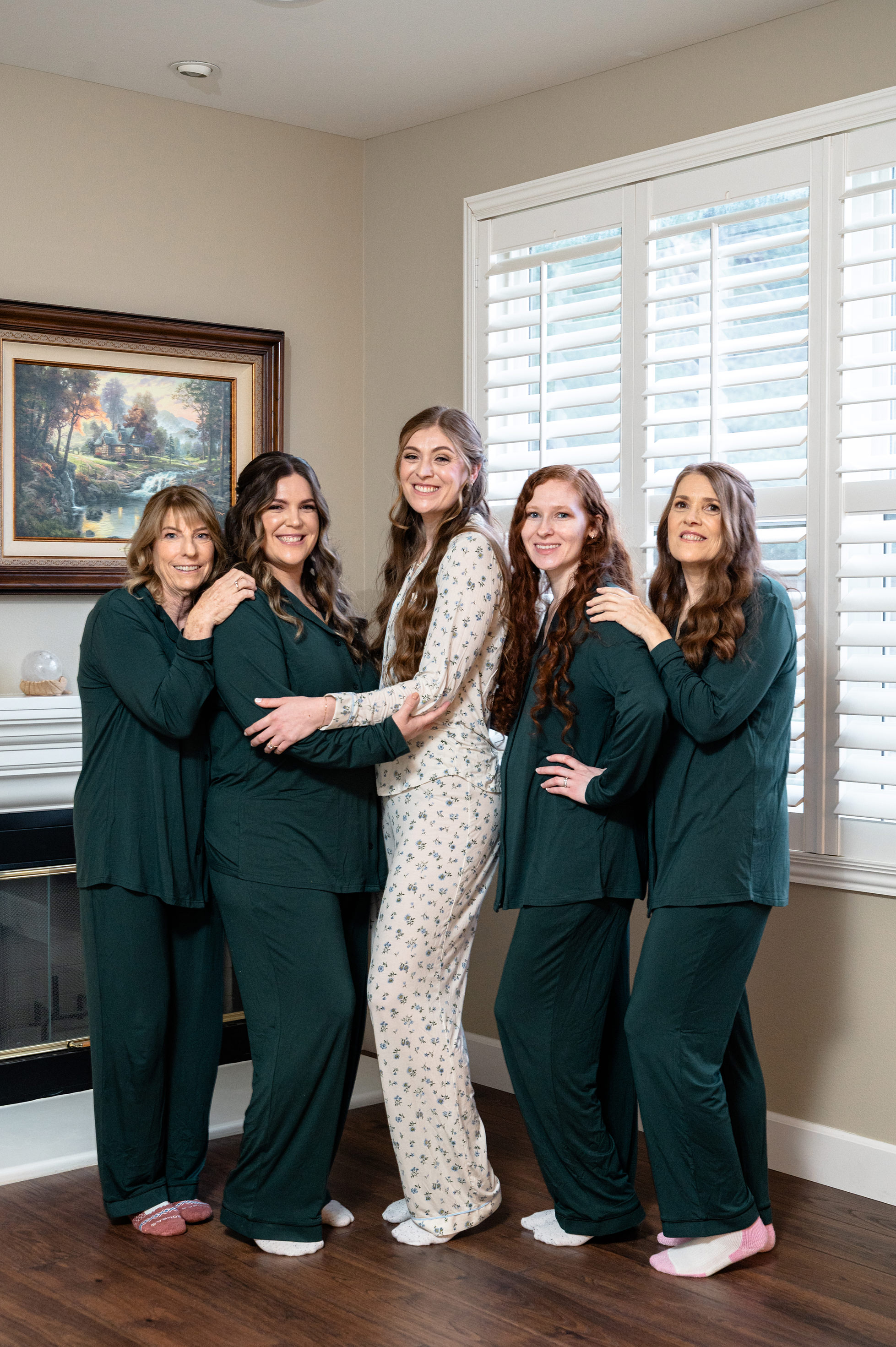 Flat lay wedding details with bouquet, rings, and sparkling bridal heels