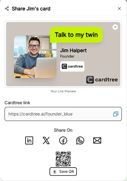 Jim Halpert's AI twin profile sharing options with qr and custom links