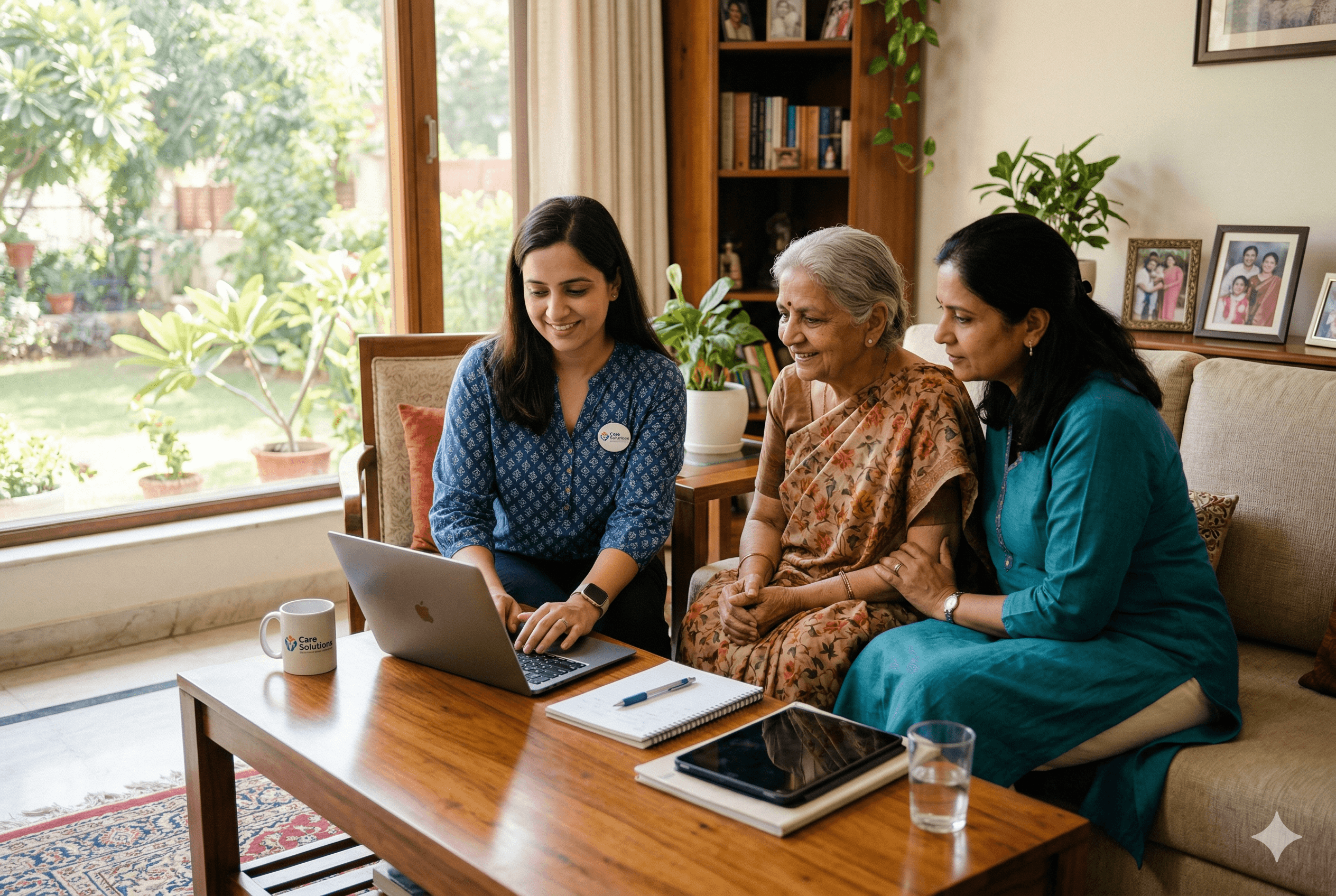 Owner of a small home care agency reviewing client intake notes and call summaries on a laptop with an elderly client and adult daughter in a bright living room, subtle UI elements suggesting CRM software, calm professional atmosphere. Shot on Fujifilm X-T4, aspect ratio 3:2