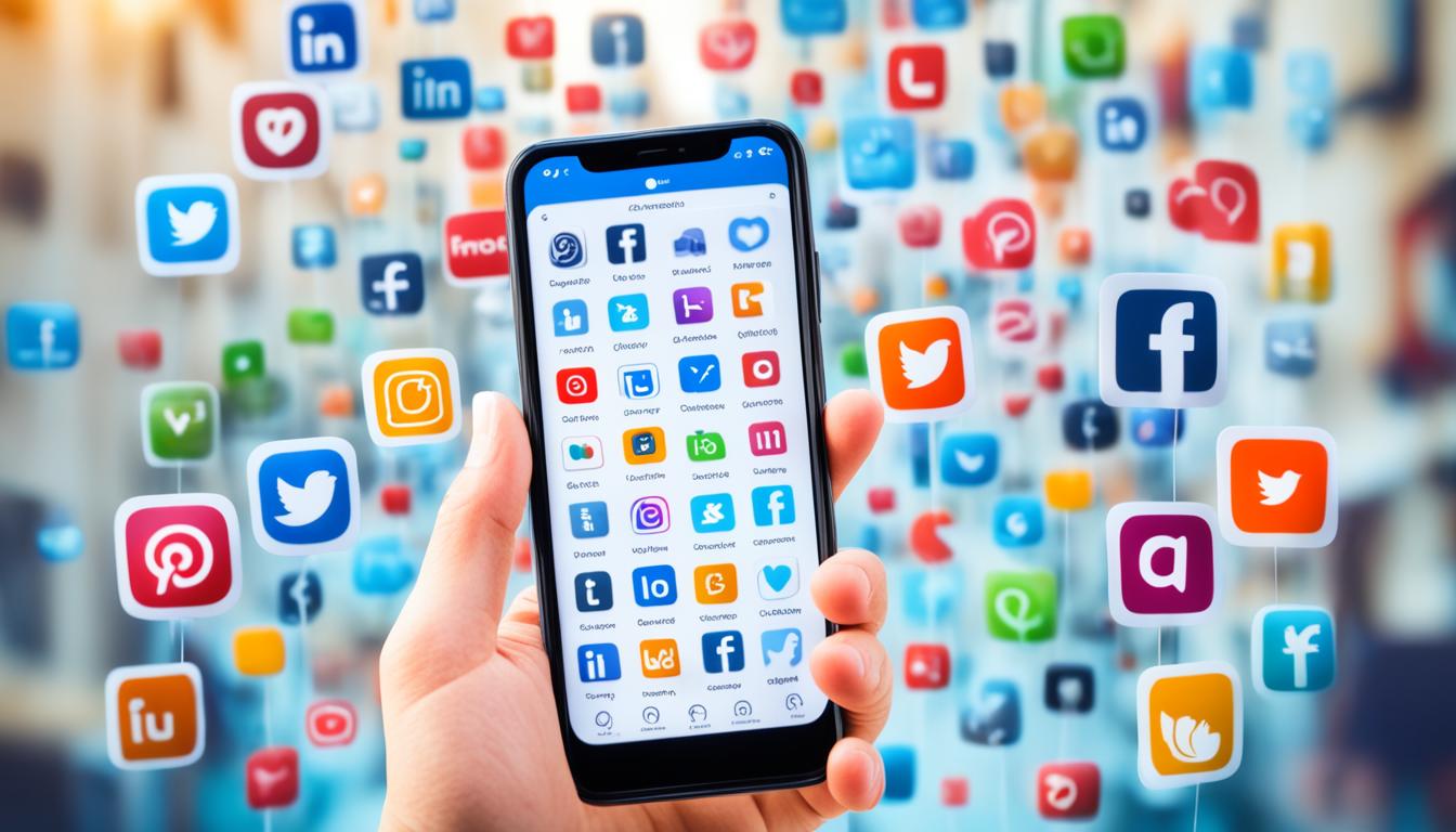 A hand holding a smartphone screen displaying multiple social media icons with likes, shares, and follower counts visible. The background should feature blurred images of people in a crowded setting.