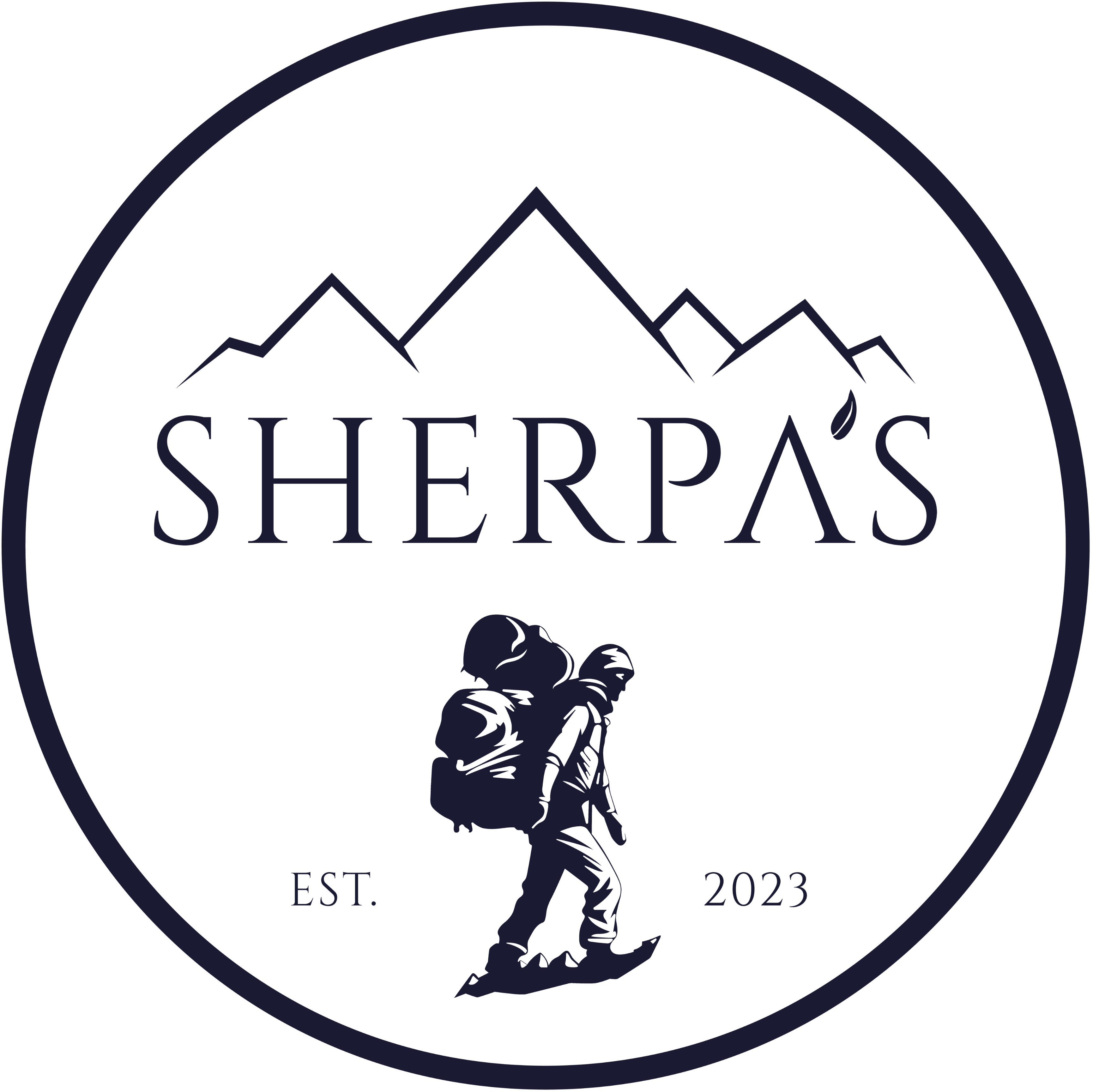 Café Sherpa's official logo featuring mountain peaks, a Sherpa guide with a backpack, and the text "Est. 2023", representing a globally inspired café in Brookfield, WI.