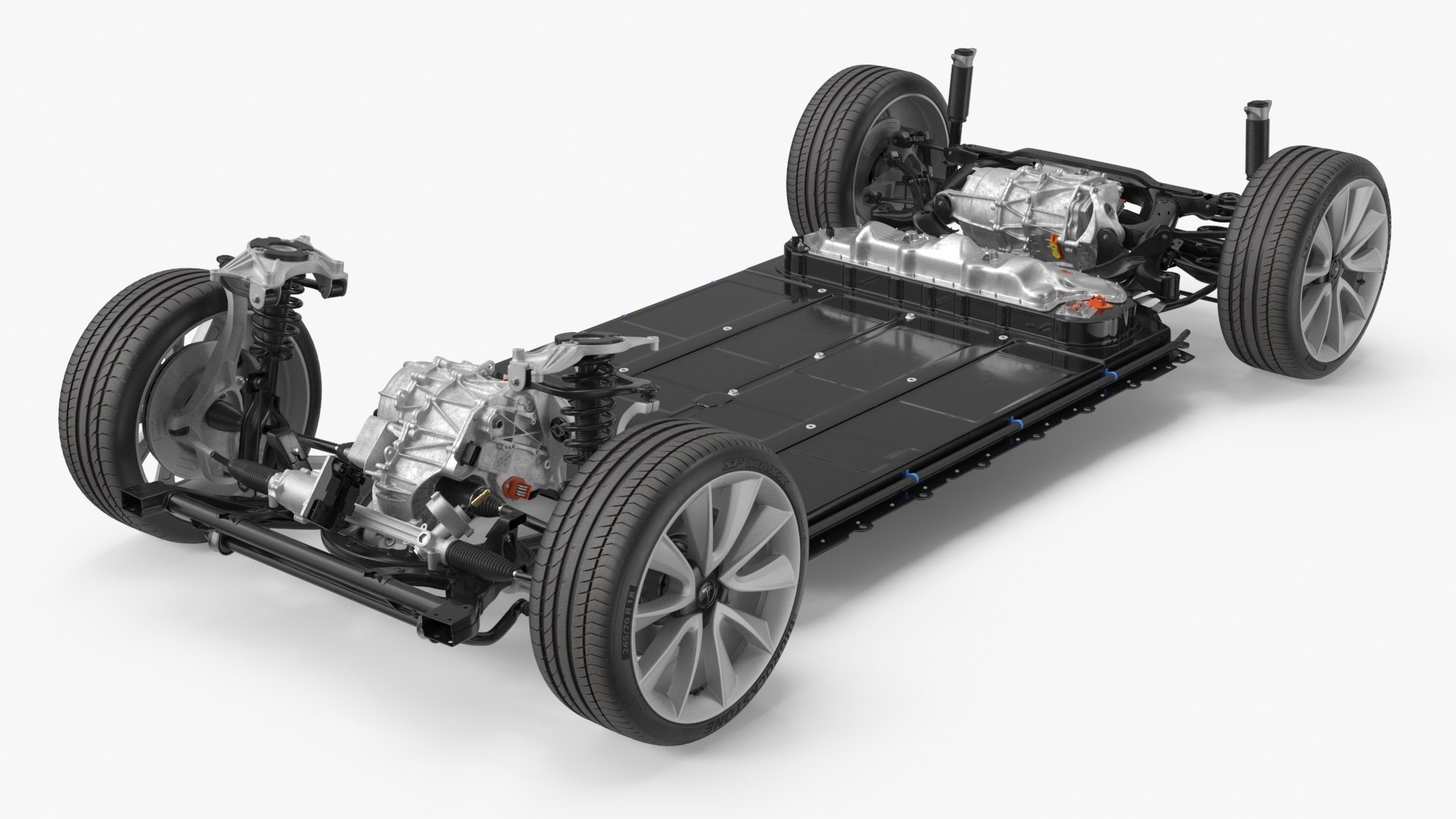 Architecture technique de la Tesla Model 3 avec pack batterie, châssis électrique et groupes motopropulseurs apparents