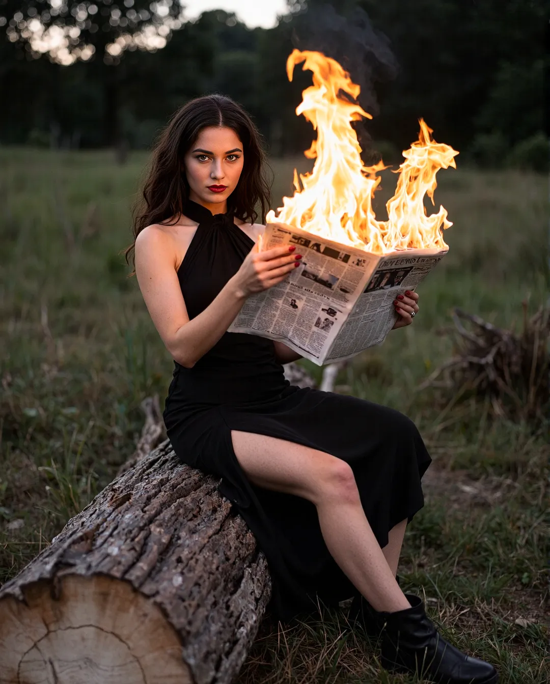 Dramatic conceptual photo featuring a person in black dress seated on a log, reading a newspaper that's dramatically engulfed in flames