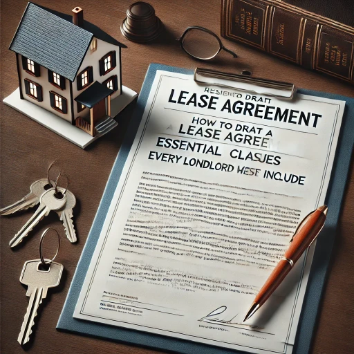 A professional cover image for a legal article titled 'How to Draft a Lease Agreement: Essential Clauses Every Landlord Should Include.' The image features a residential lease agreement document prominently displayed on a wooden desk. Surrounding the document are a pen, a set of house keys, and a small model house. The background subtly suggests a law office or legal setting, creating a formal and authoritative tone. The colors are muted and professional, with tones of dark wood, white, and navy blue. The text is clearly legible.
