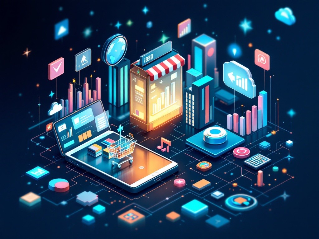 Isometric illustration of e-commerce and online shopping, showcasing a smartphone with a shopping cart, surrounded by various digital elements representing data, analytics, and online transactions.