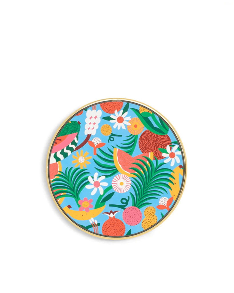 photo of a wireless charging pad with a colorful tropical print on it