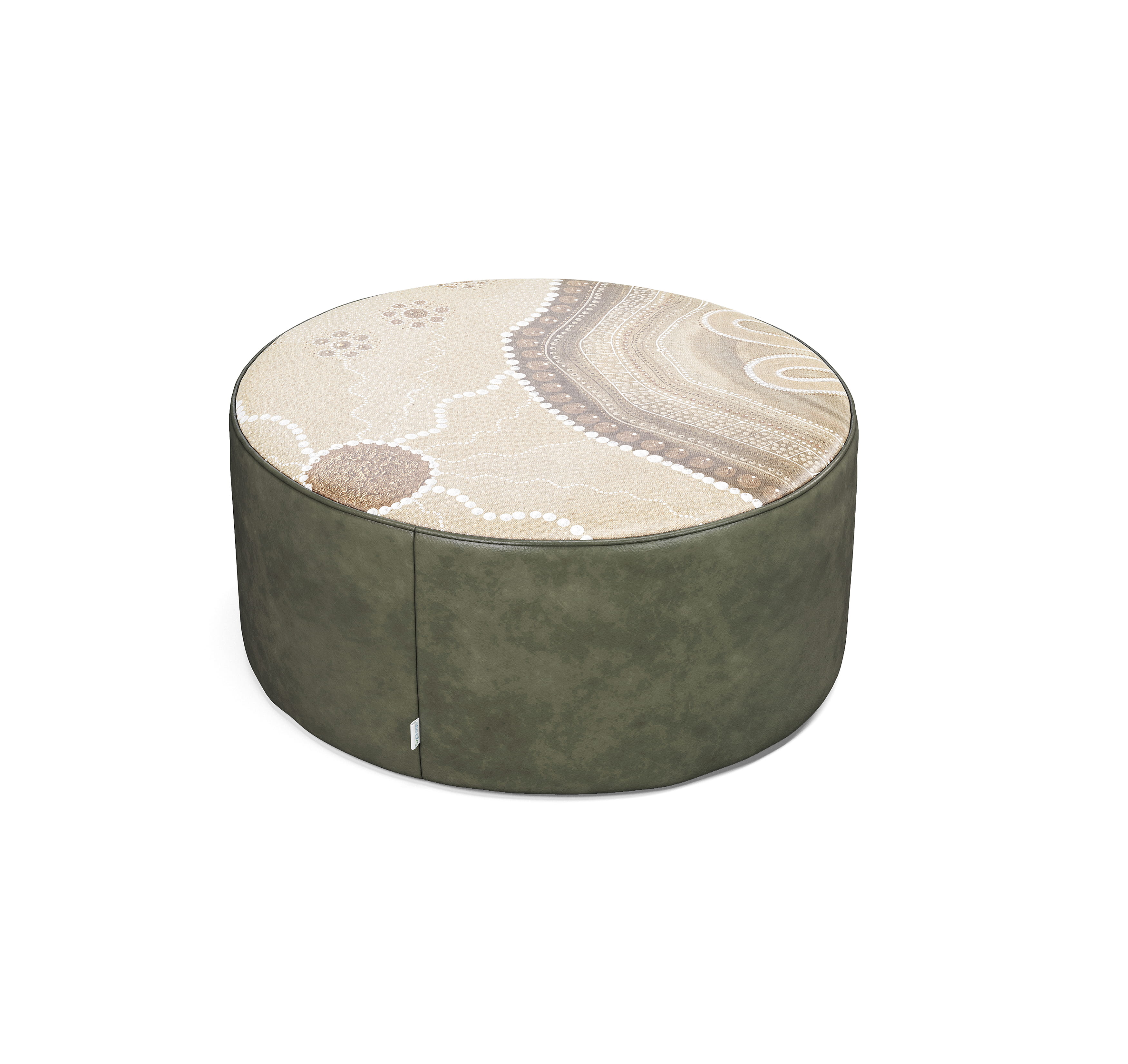 Round ottoman with upholstered base and patterned cushion top