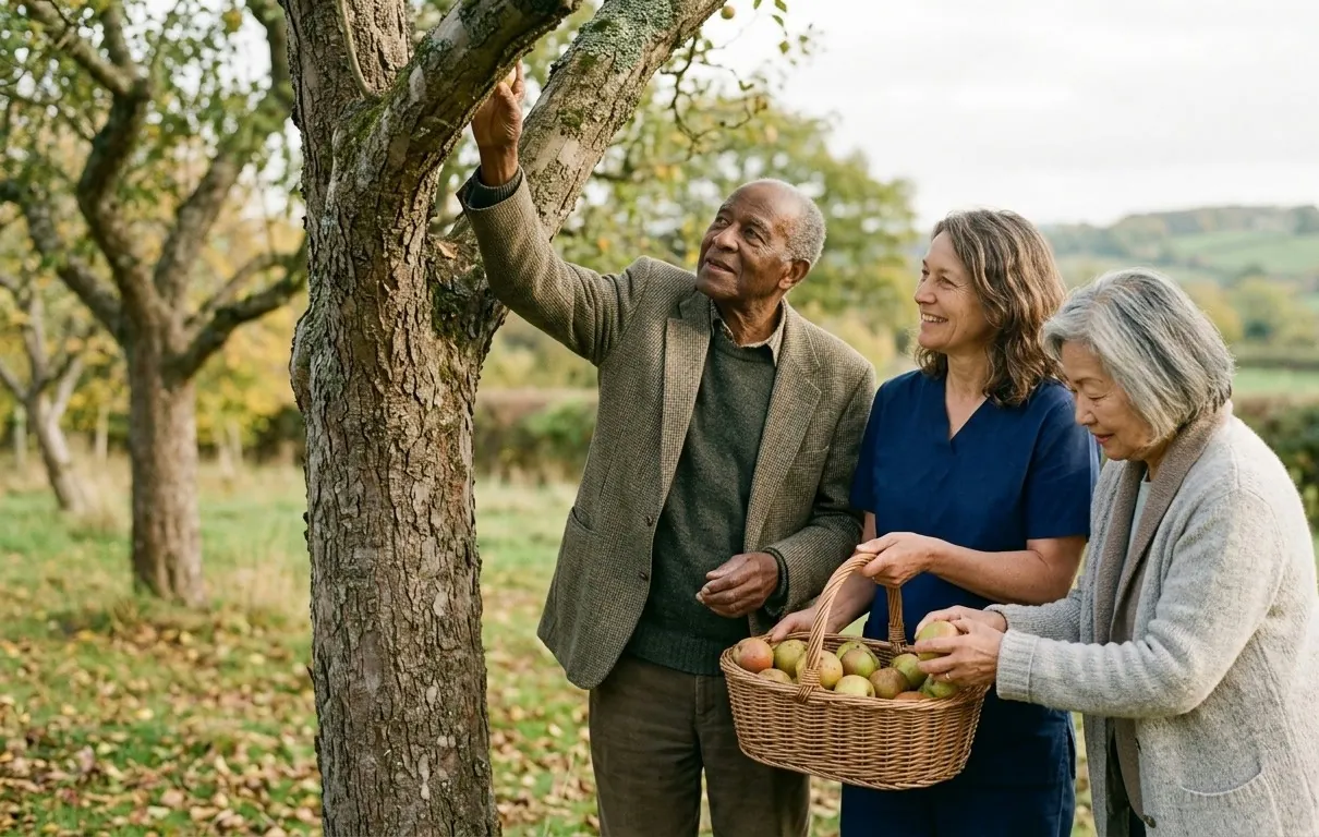 Residents and a carer picking apples into a basket in the orchard