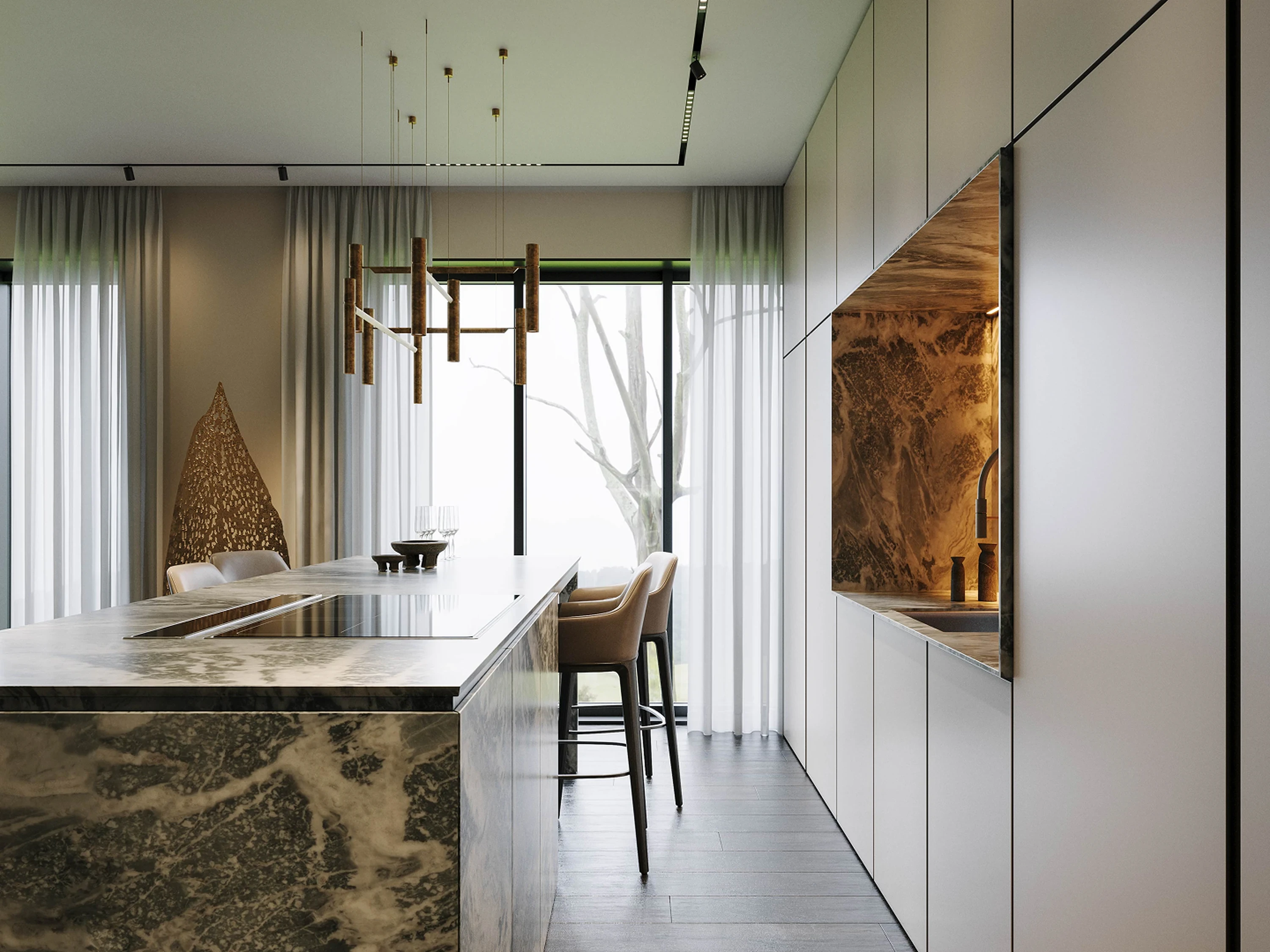 Cuisine — façades lisses et plan de travail en chêne.