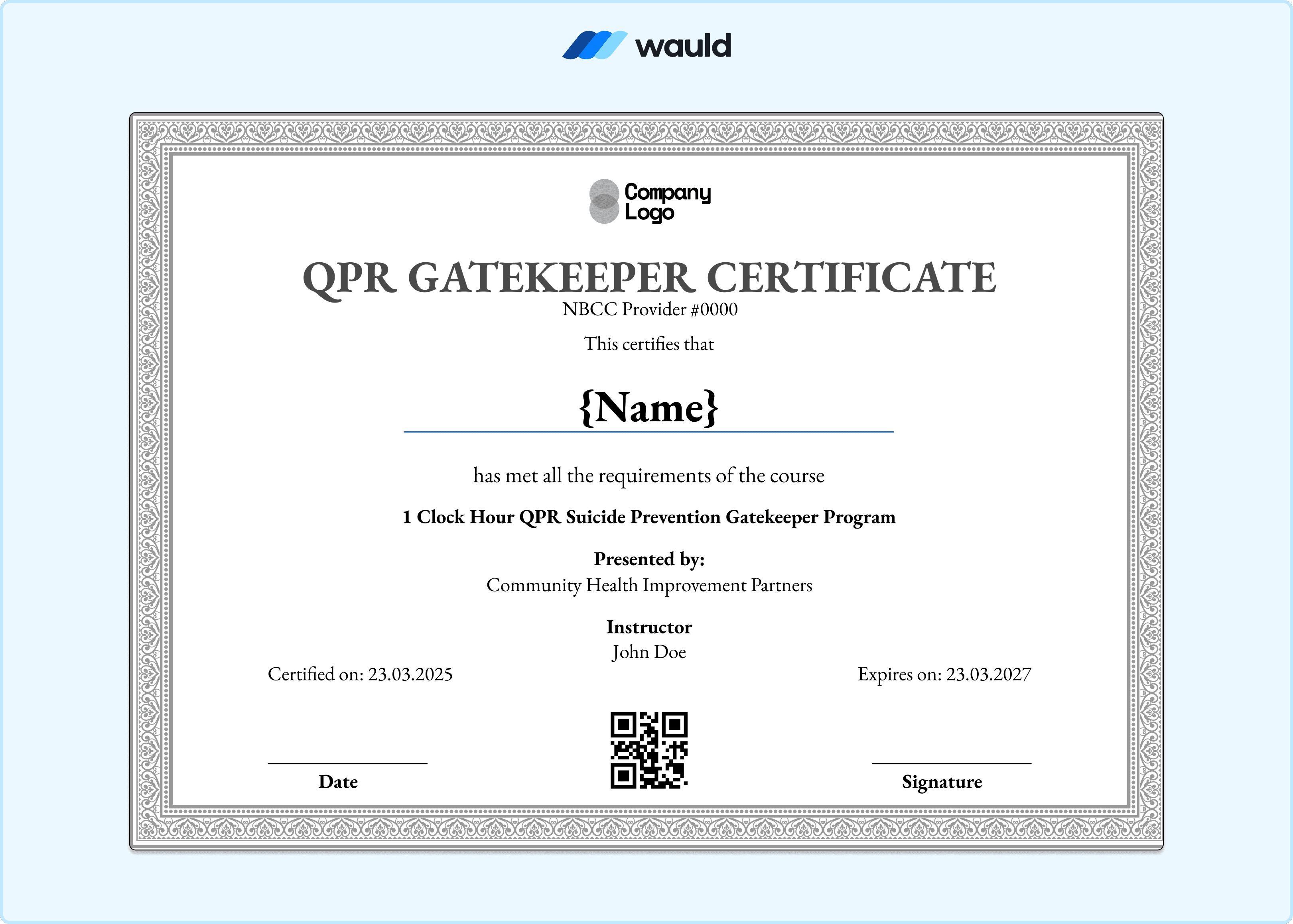 Formal grey ornate bordered QPR Gatekeeper certificate template with intricate decorative detailing, recipient name field, instructor credentials, certified date, expiry date, NBCC Provider number, QR code, and signature line