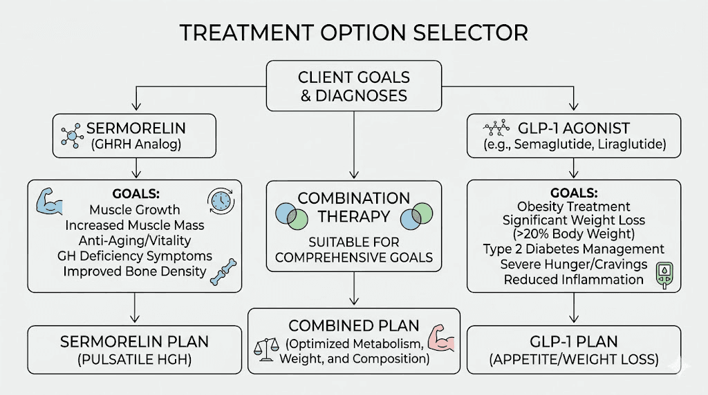 Decision flowchart for choosing sermorelin vs GLP-1 receptor agonist
