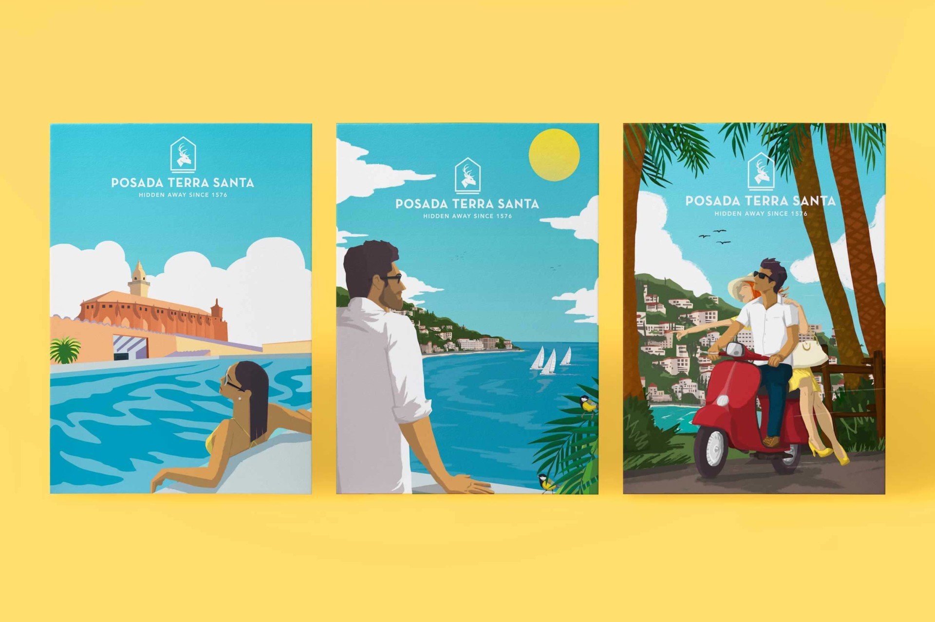 Carteles ilustrativos de Posada Terra Santa, mostrando parejas disfrutando de vistas al mar, piscina y paseo en moto en un entorno tropical.