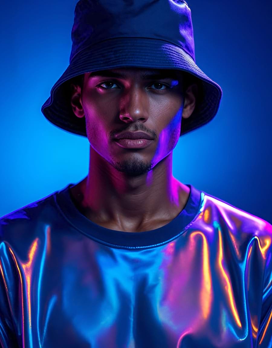 Young man wearing a blue bucket hat and iridescent shirt, illuminated by vibrant blue and purple lighting. The mood is bold and futuristic.
