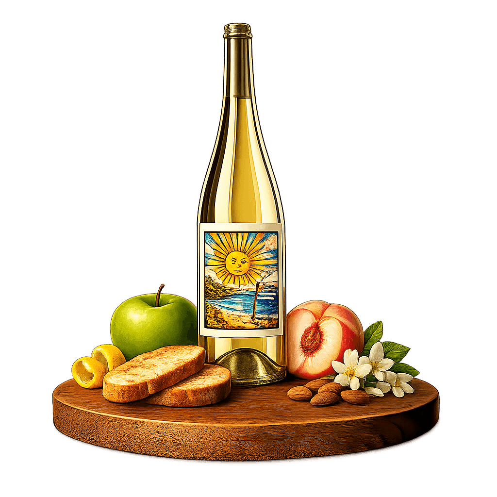 Artistic label and flavor profile for Uruguayan Sparkling Wine on a rustic wooden table.