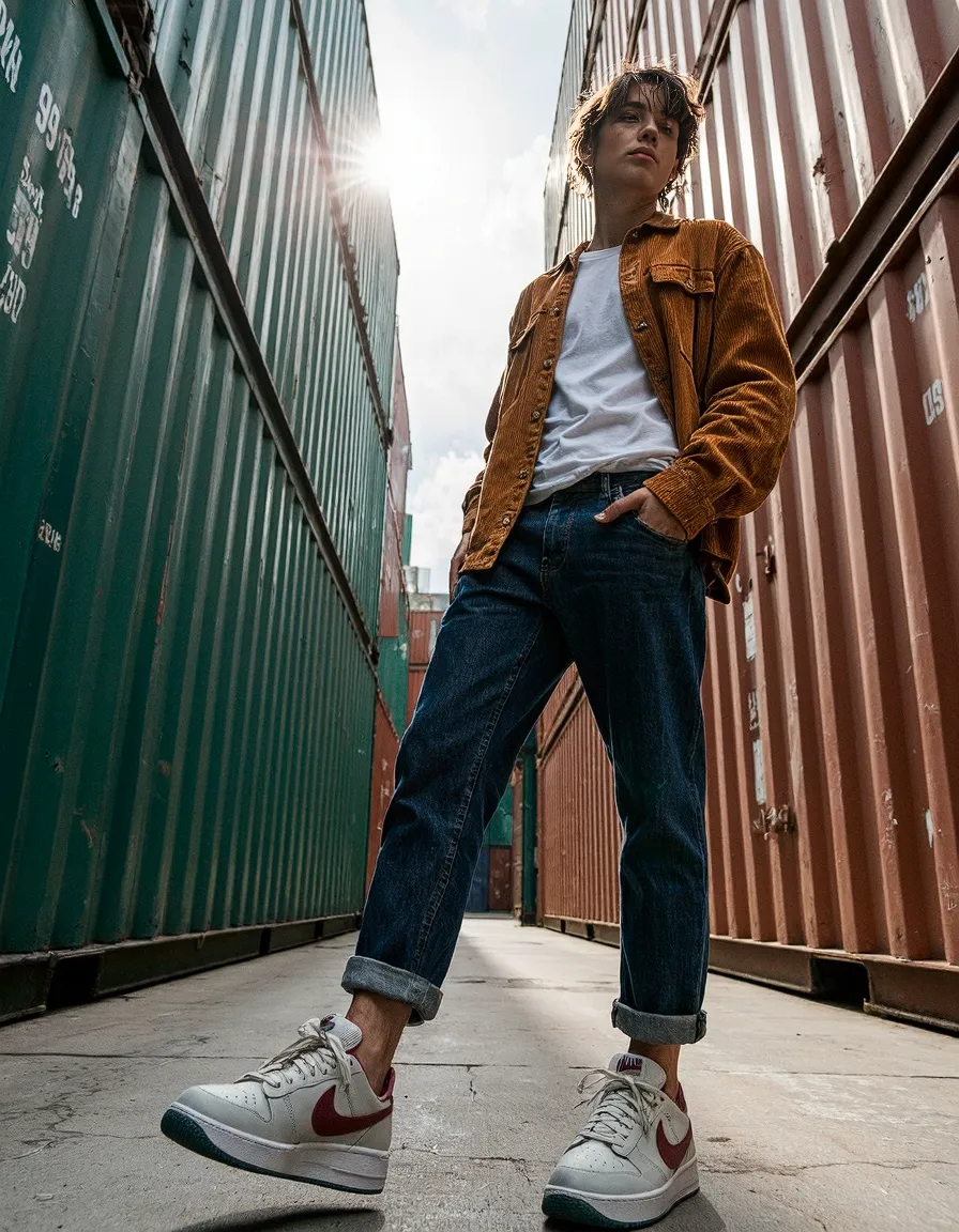 Person in corduroy jacket and jeans standing between shipping containers, wearing white and burgundy Nike sneakers with dramatic lighting