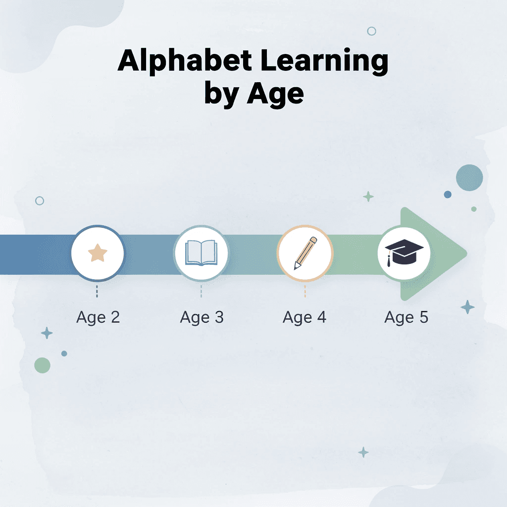 Infographic showing alphabet learning milestones from age 2 to age 5