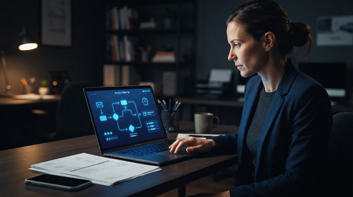 Business owner reviewing an invoice workflow on a laptop beside a phone and paper invoice.