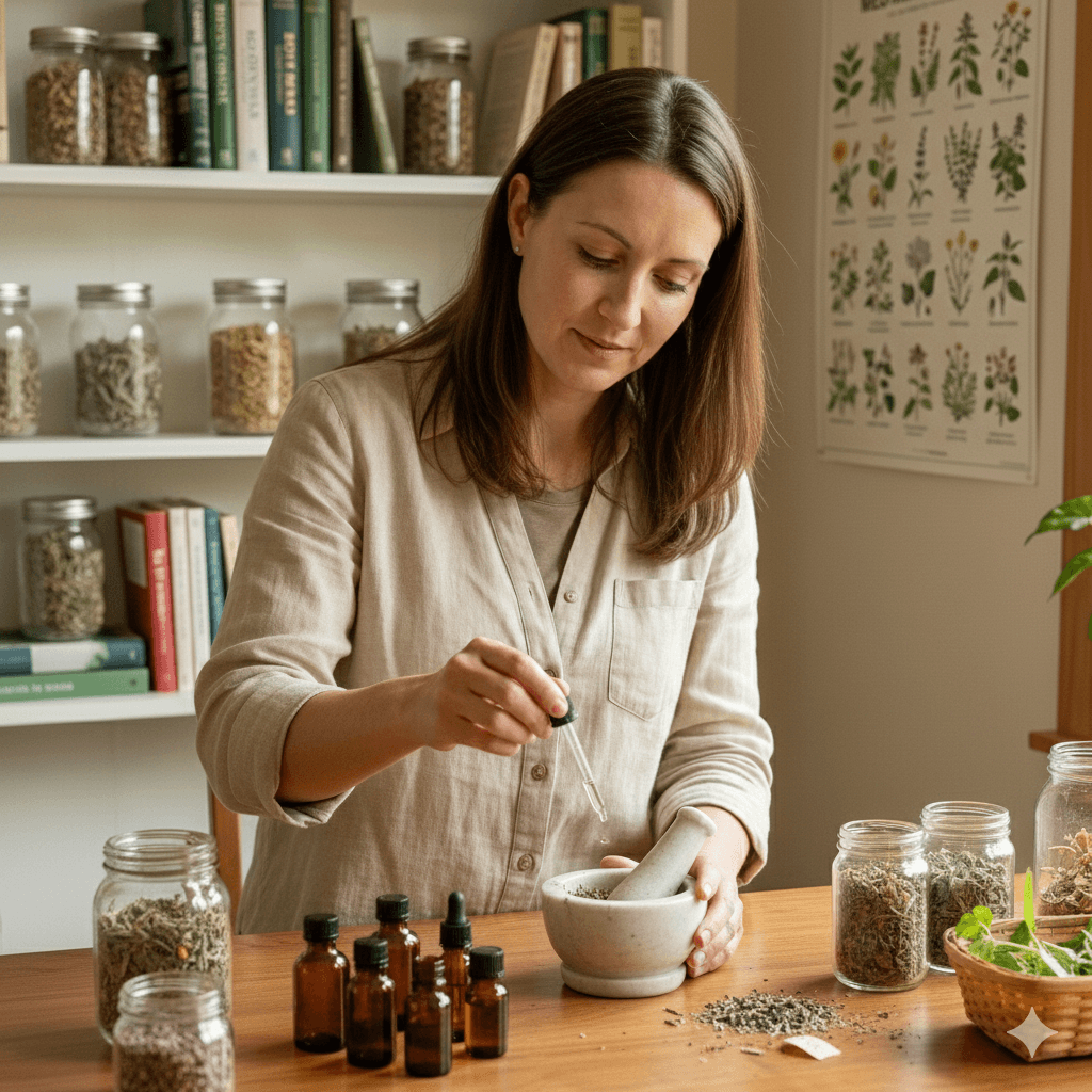 Naturopath preparing a natural herbal mixture