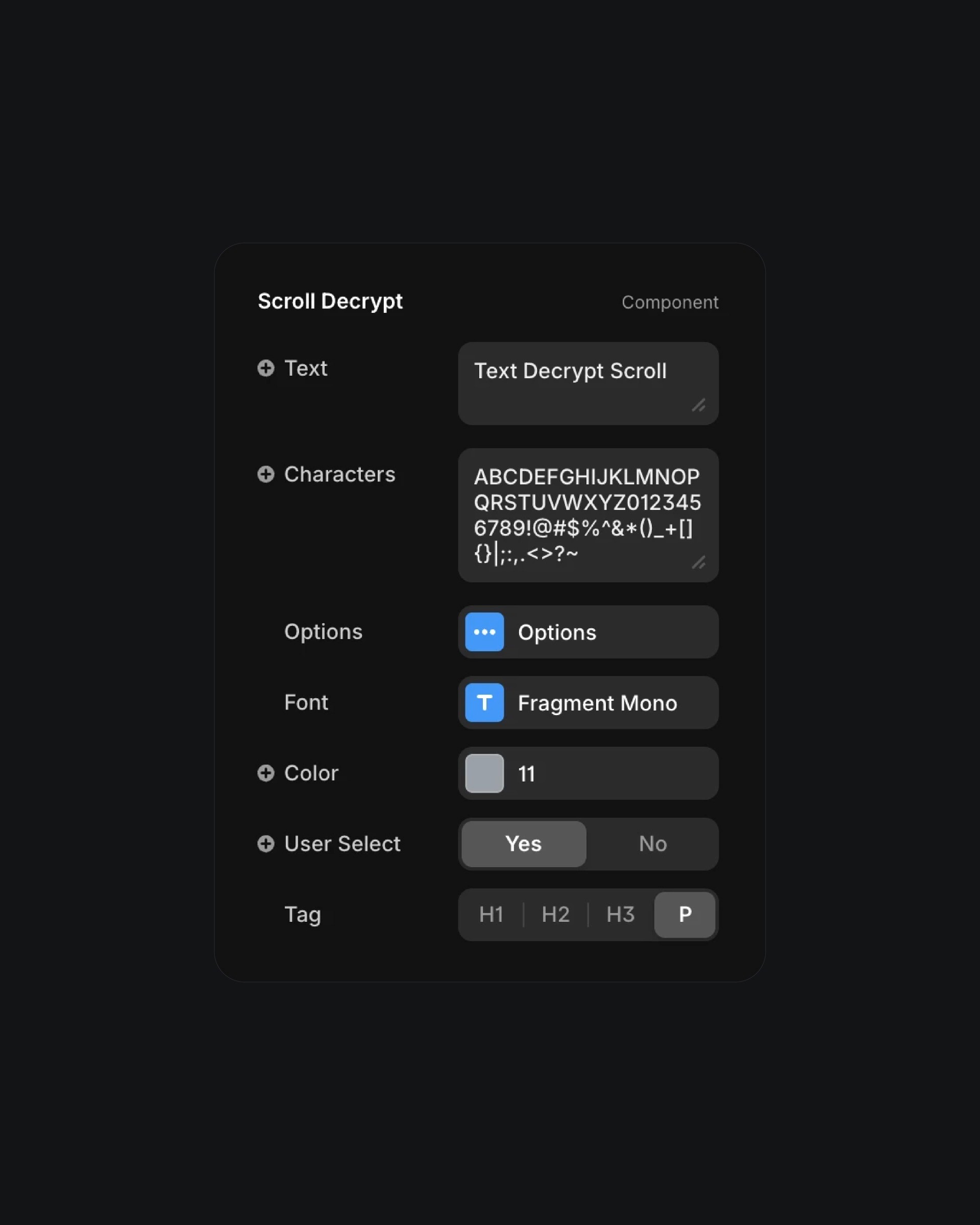 Scroll Decrypt component settings interface showcasing text, characters, font, color, and tag customization options