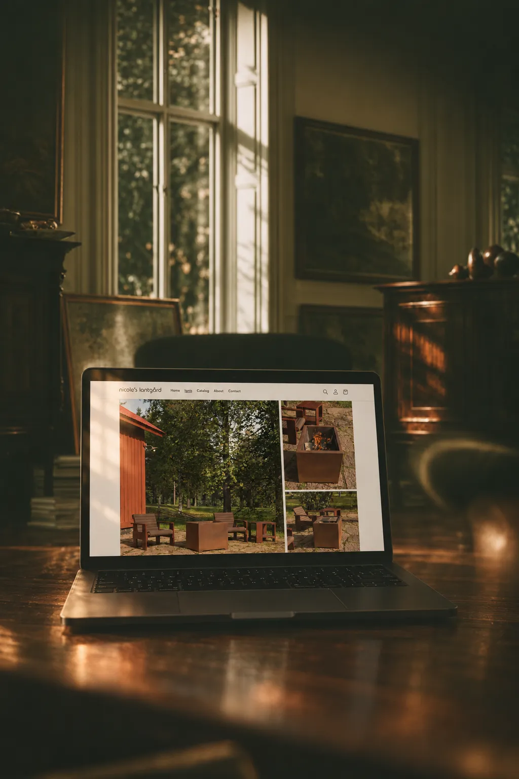 Nicole’s Lantgård Ignis collection displayed on a laptop in a warm, atmospheric interior.
