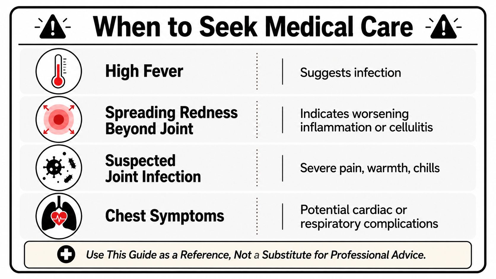 A medical information sign titled When to Seek Medical Care, listing symptoms like fever, redness, and pain.