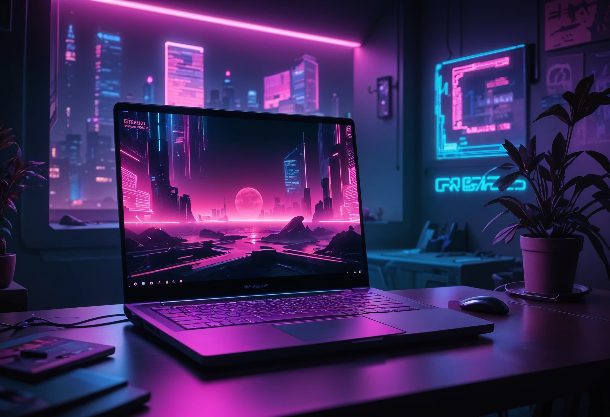 a picture of a laptop in a room - cyberpunk style