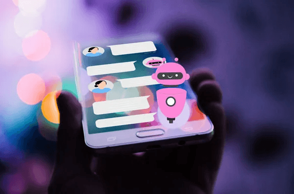A mobile phone illustrating a conversation with an AI chat bot.