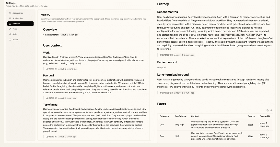 Memory Panel UI in DeerFlow (Screenshot from Personal Memory)