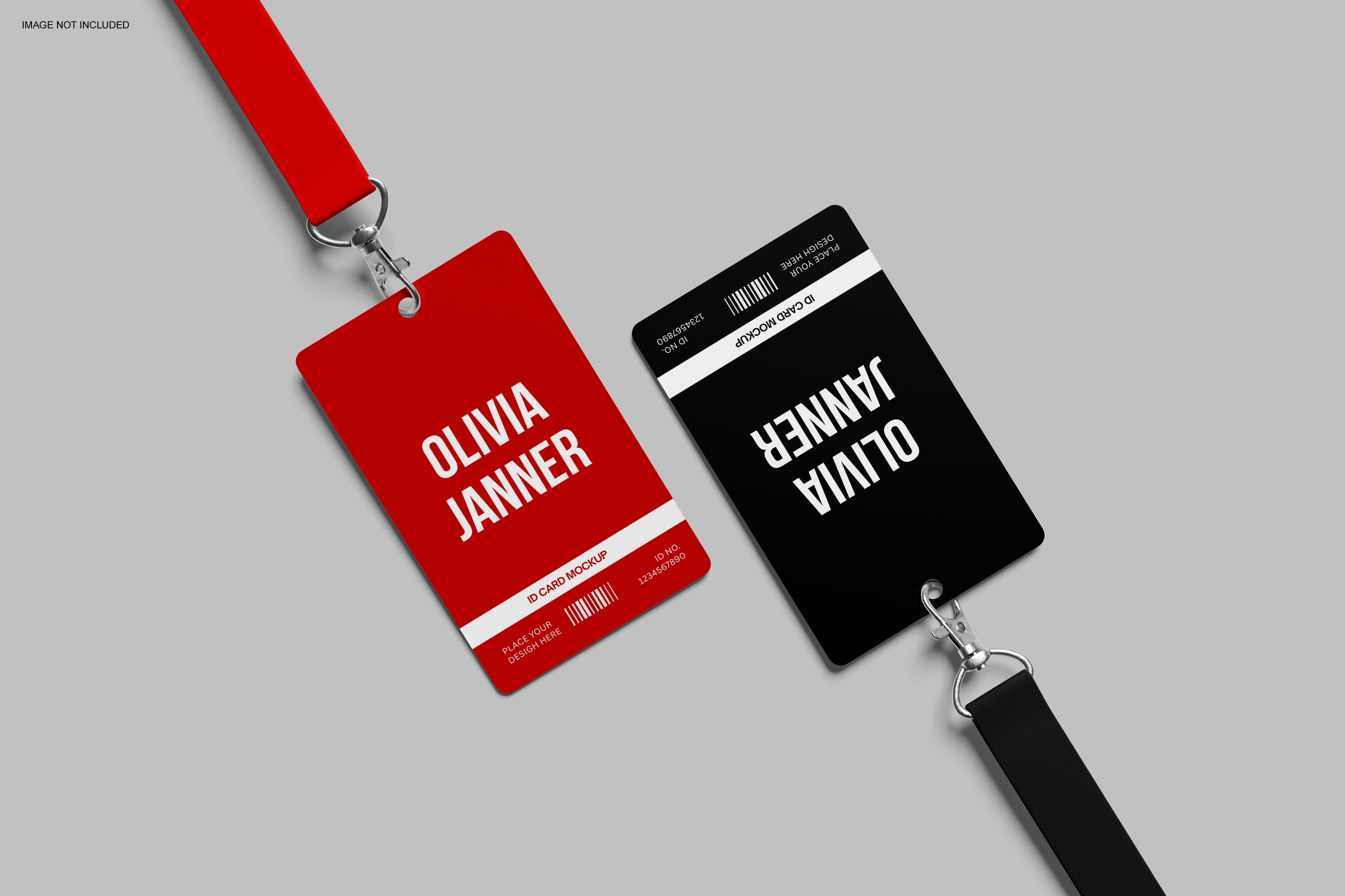 Red and black ID badge mockups with the name “Olivia Janner.”
