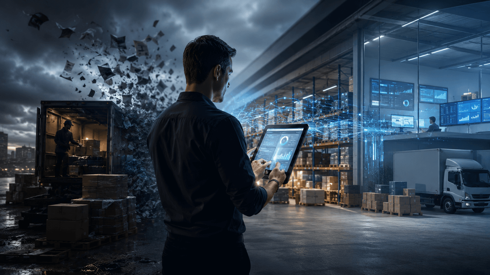Imagem em formato 16:9 mostrando um gestor de distribuidora em um centro logístico moderno, analisando dados operacionais em um tablet. Ao fundo, um grande armazém organizado com pallets, caminhões, painéis digitais e fluxos de informação conectando estoque, pedidos e expedição. A cena transmite eficiência operacional, automação e controle. O ambiente é realista em 3D, com iluminação corporativa e detalhes industriais. Em uma área mais distante e desfocada, aparecem sinais sutis de concorrência desorganizada e pressão de mercado, sem destaque visual excessivo. A composição enfatiza produtividade, tecnologia, logística integrada e transformação digital no B2B. Não há textos, logotipos ou divisões na imagem.