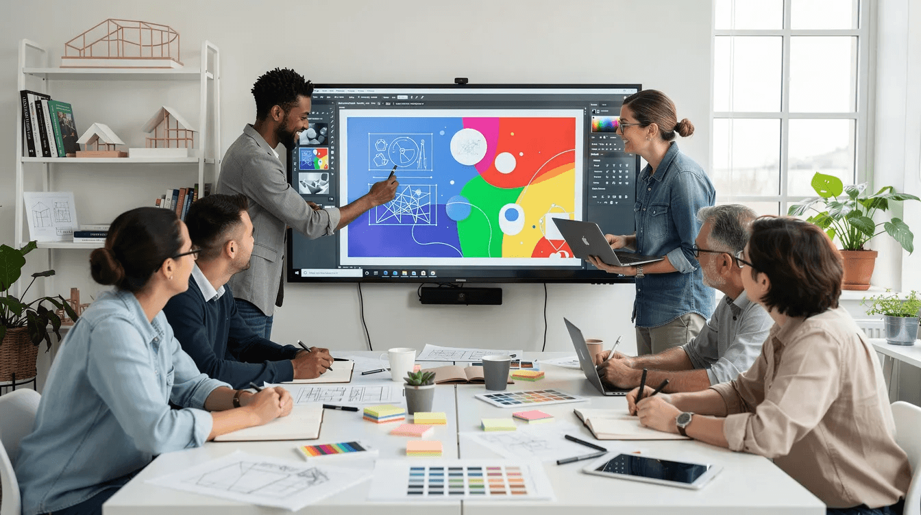 The image depicts a diverse team of creative professionals collaborating around a large screen in a bright studio, showcasing their expertise in web design and digital marketing. They are engaged in discussions, brainstorming ideas for high-performance websites that align with their clients' business goals.