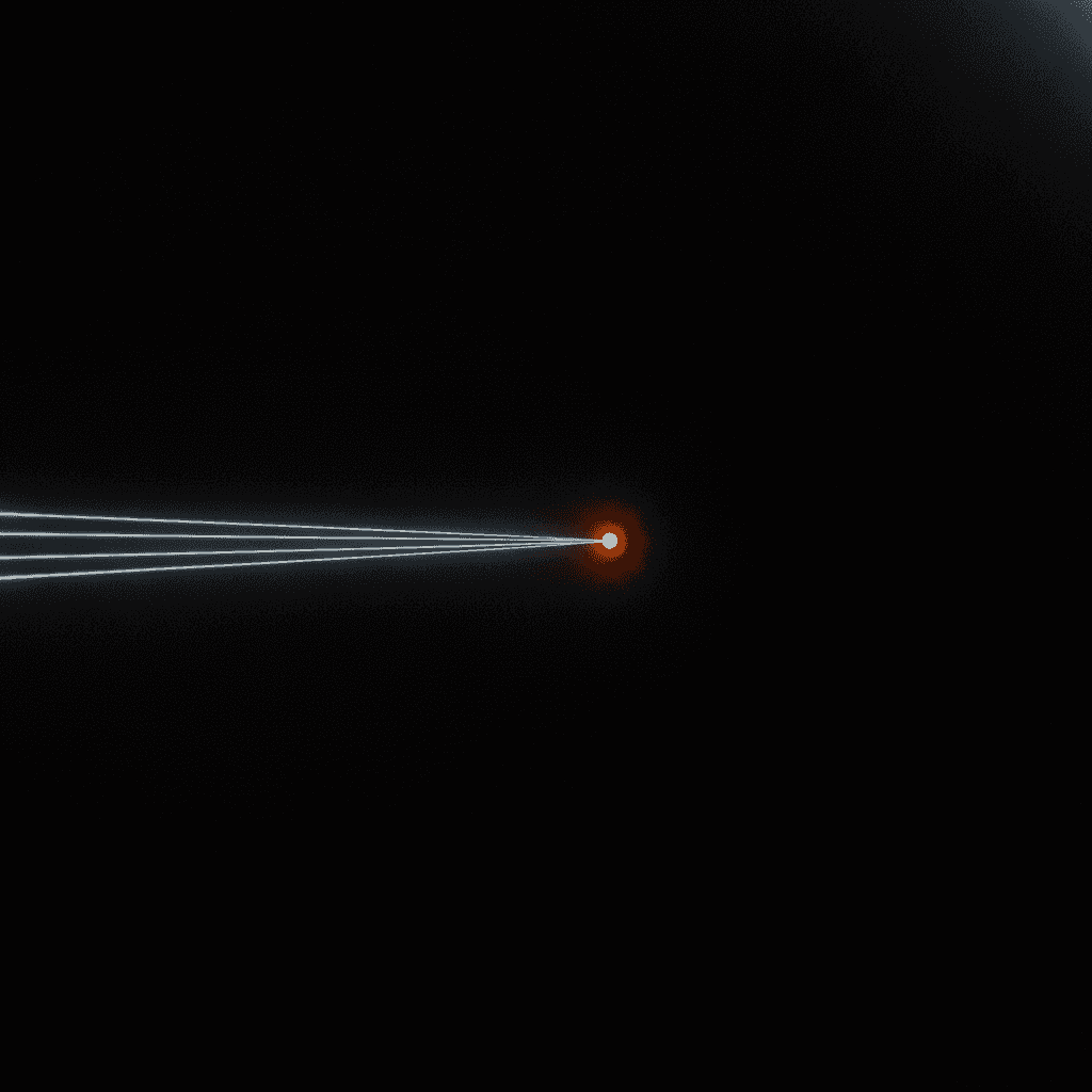 Three parallel cool light beams converging on a single orange checkpoint against pure black