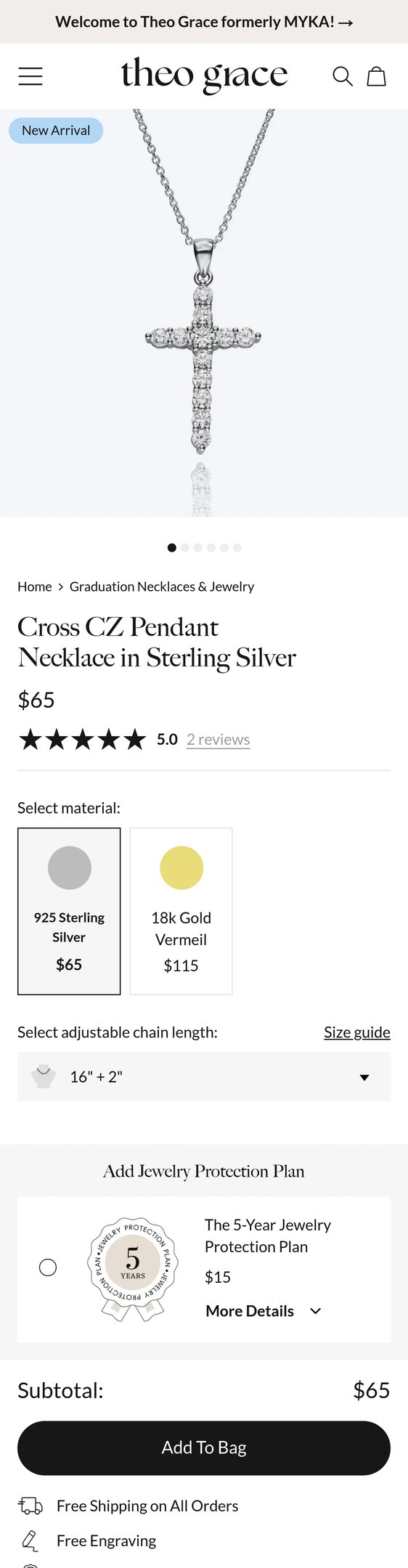 Jewelry product options include: necklace, pendant for Cross CZ Pendant Necklace in Sterling Silver from Theo Grace.