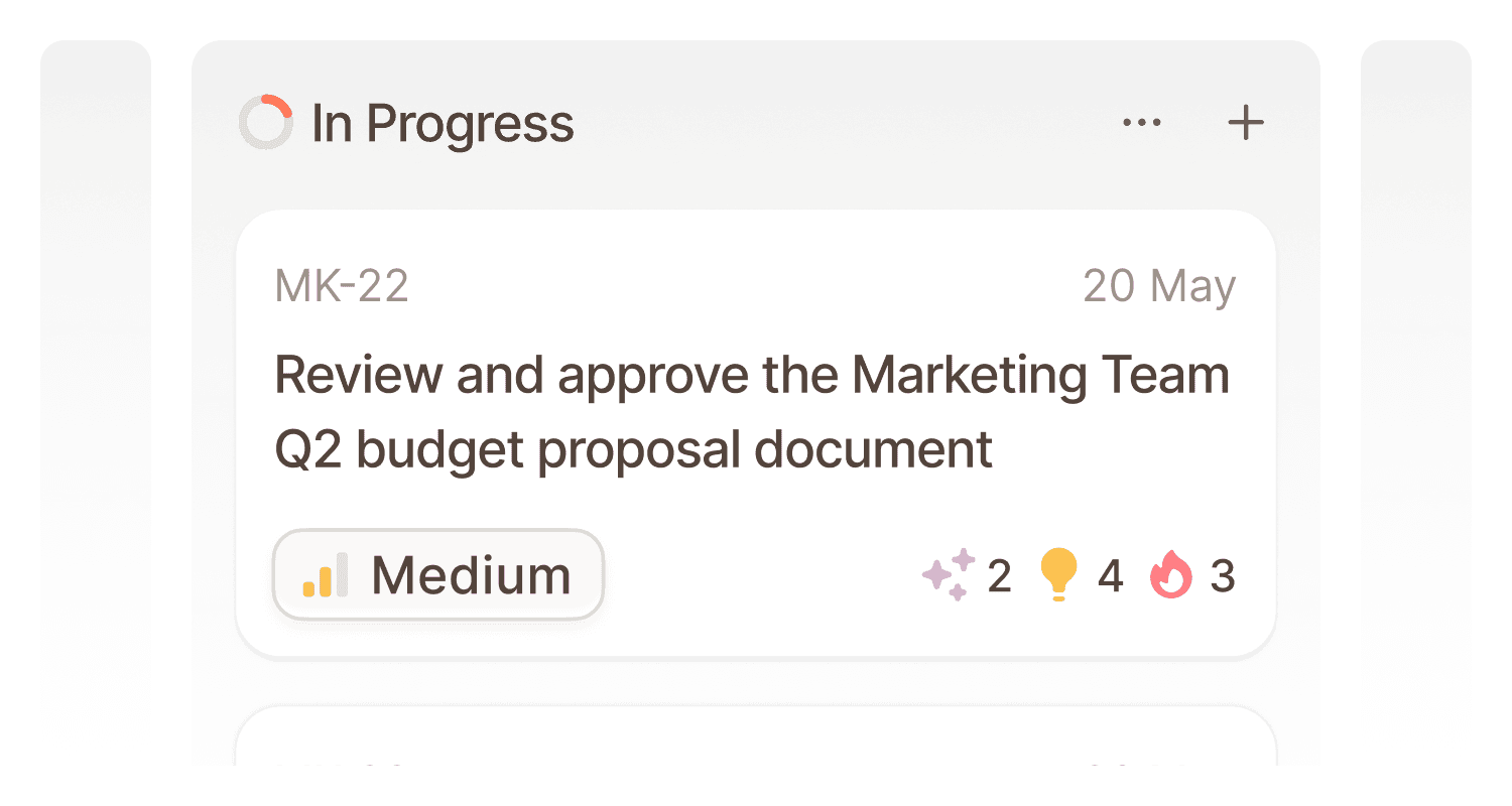 We can see one part of a kanban board. In this kanban board we can see an enlarged view of a task card, with a title, priority tag and markings that mark, the collected and connected knowledge to that task.