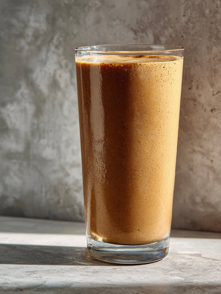 A glass containing a banana, peanut butter, raw cacao powder and collagen smoothie sitting on a concrete countertop.