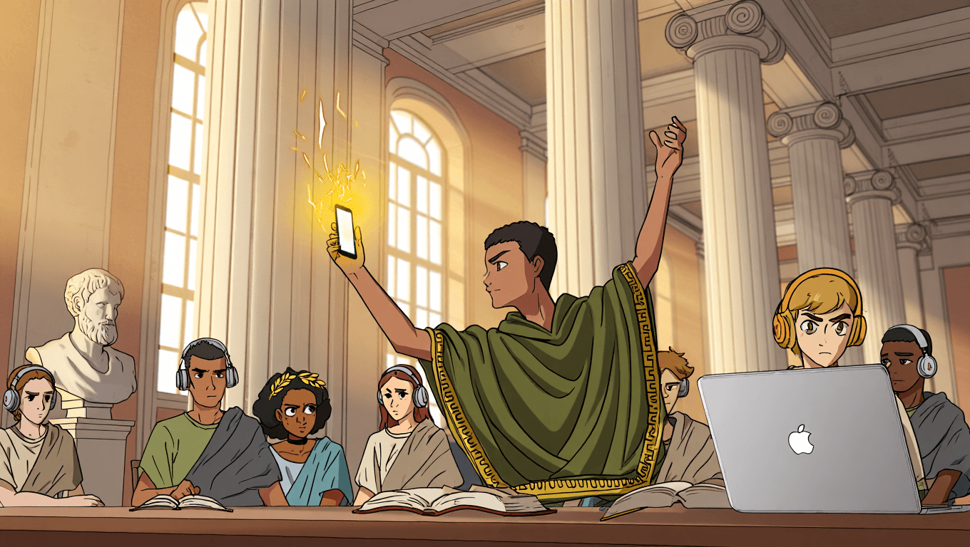 College students studying together using AI quiz app with glowing smartphone in neoclassical library