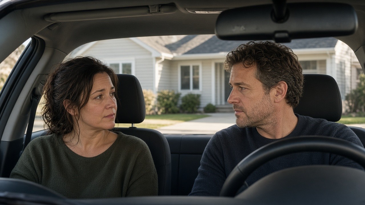 This image shows a middle-aged woman and man sitting inside a car, engaged in a serious and thoughtful conversation. The woman is seated in the passenger seat while the man is in the driver's seat. Both individuals appear concerned or reflective, suggesting an important or emotional discussion. The background reveals a suburban residential neighborhood with a house visible through the car windows. The image can be used to illustrate themes such as family communication, caregiving discussions, emotional support, or moments of decision-making in personal or healthcare contexts.