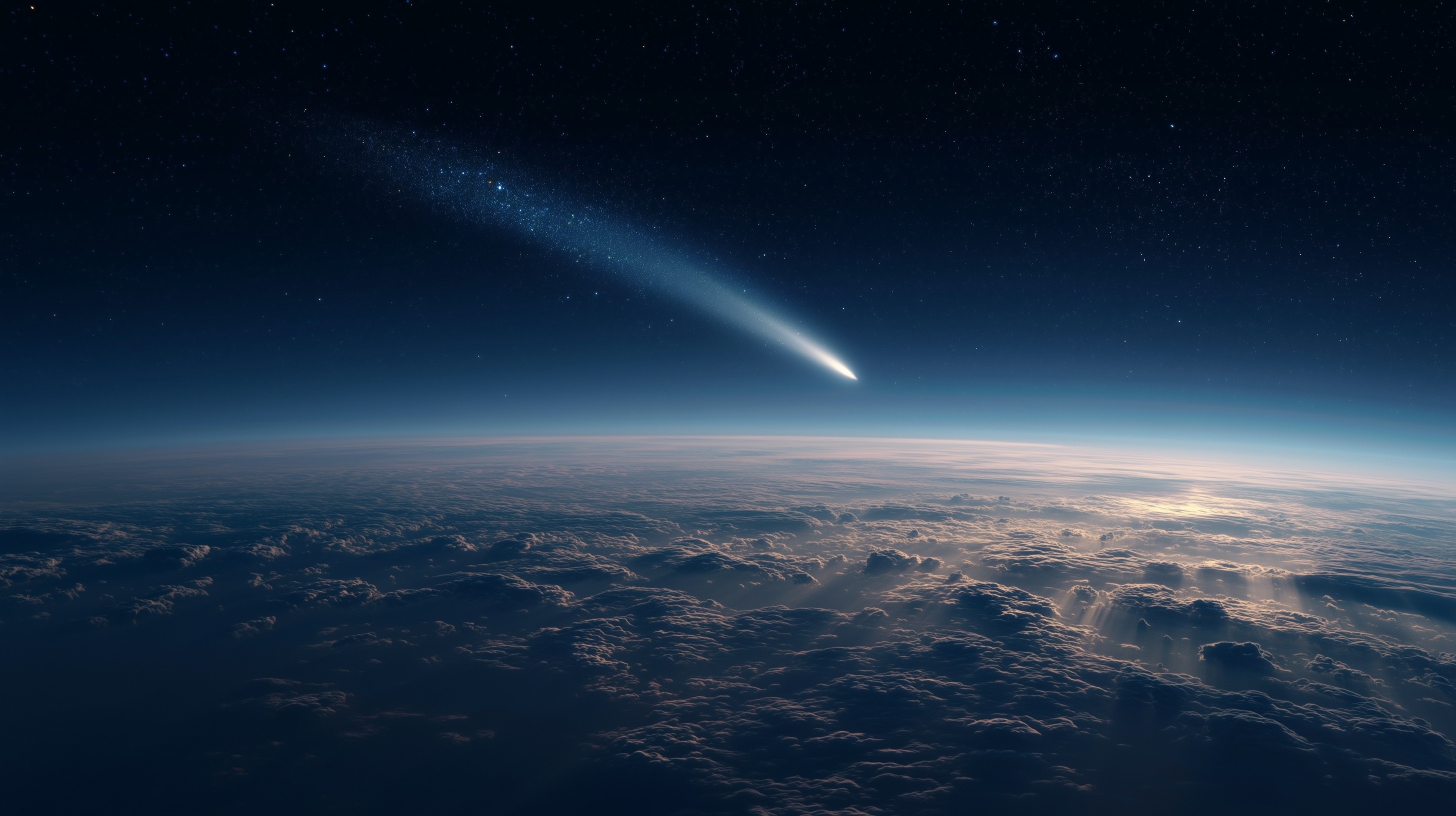 AI-generated cinematic view of a bright comet streaking across space above Earth’s cloud-covered horizon at dawn.