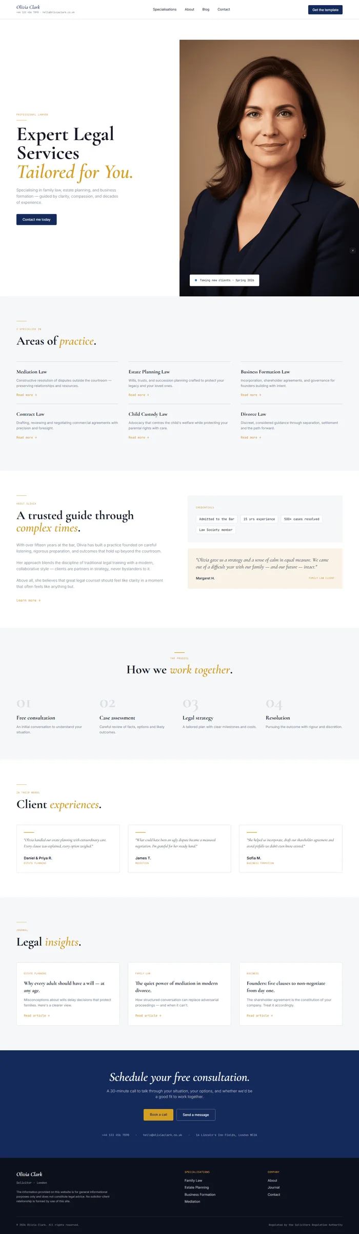 Lawyer website prompt full preview — clean white background with deep navy and warm gold accents, Cormorant Garamond 700 split hero headline on left with professional portrait and floating "taking new clients" availability card on right, animated 40px gold horizontal rule before section headings, six-card practice area grid with gold hover borders, and navy full-width CTA banner with italic serif white headline