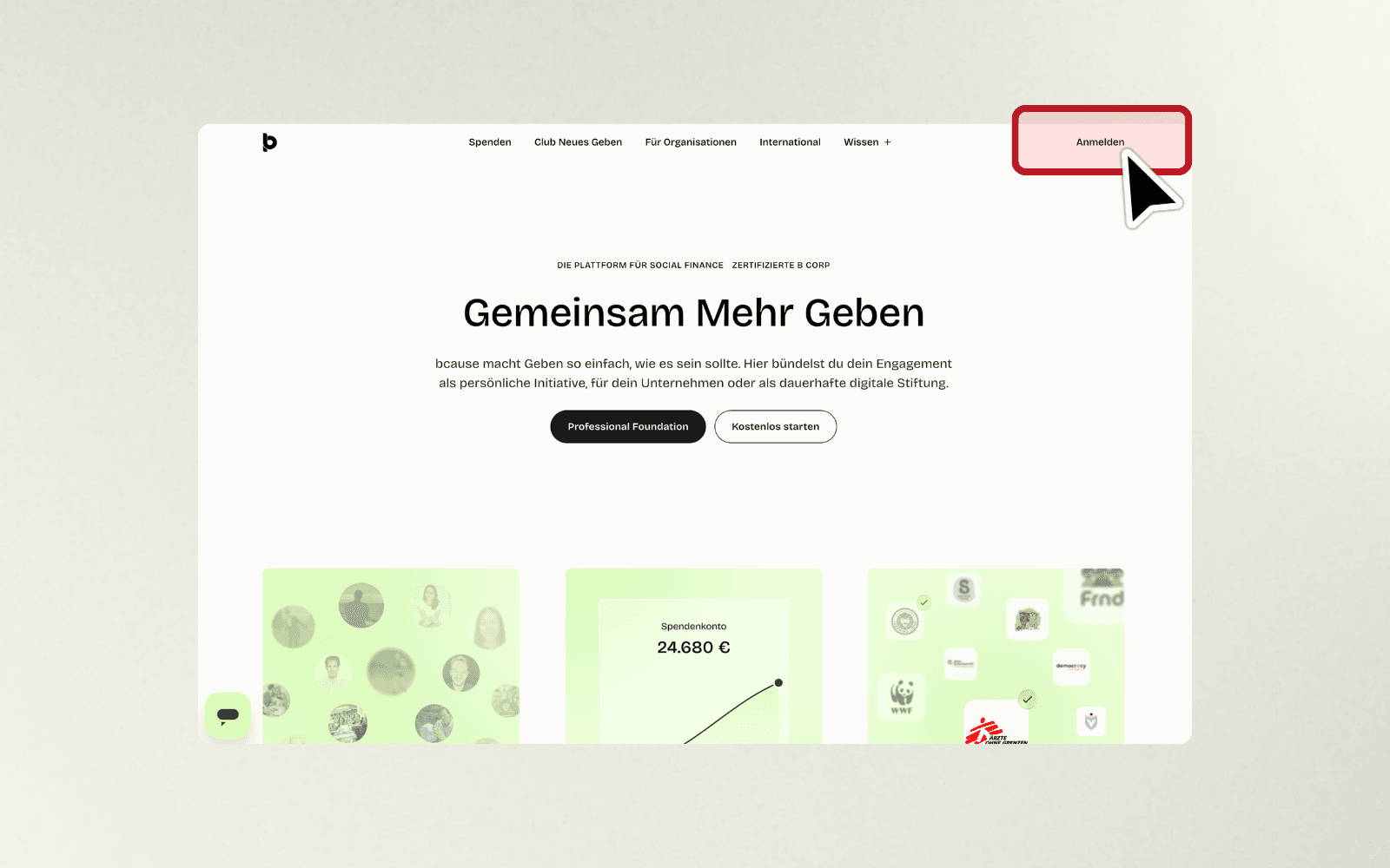 Startseite von bcause mit markiertem Anmelden-Button oben rechts im Menü.
