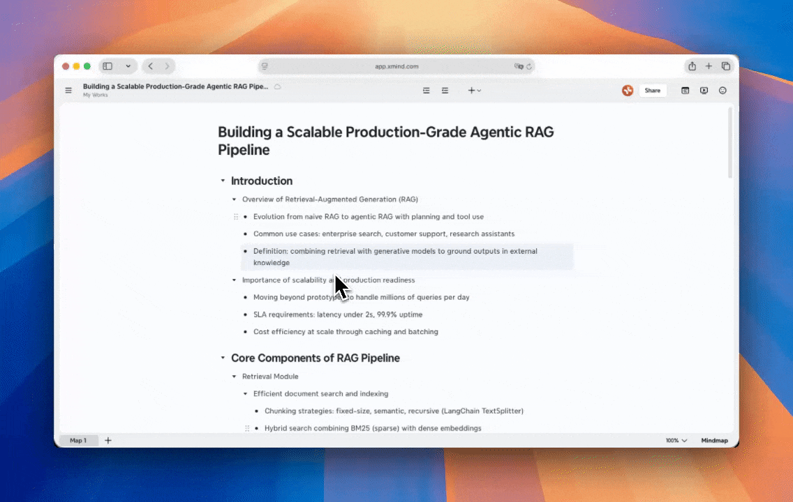 Screenshot showing a mind map interface dragging a topic to restructure it.