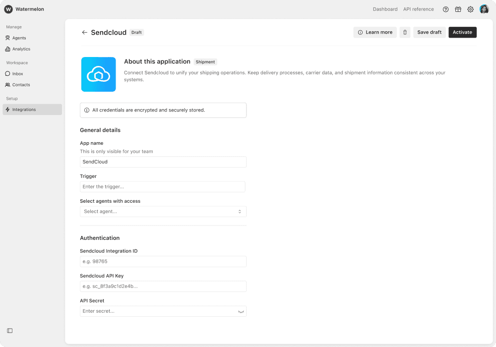 Watermelon integration settings screen for Sendcloud